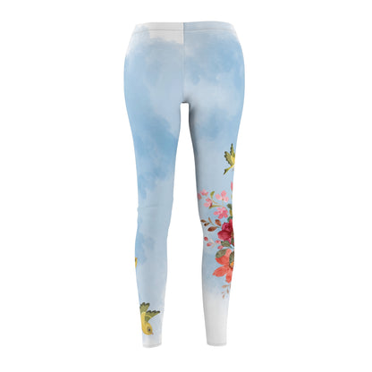 Women's Casual Leggings - Custom Blue Cloud Design with Finches and Flowers