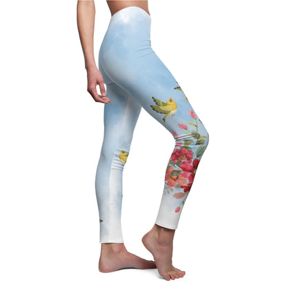 Women's Casual Leggings - Custom Blue Cloud Design with Finches and Flowers