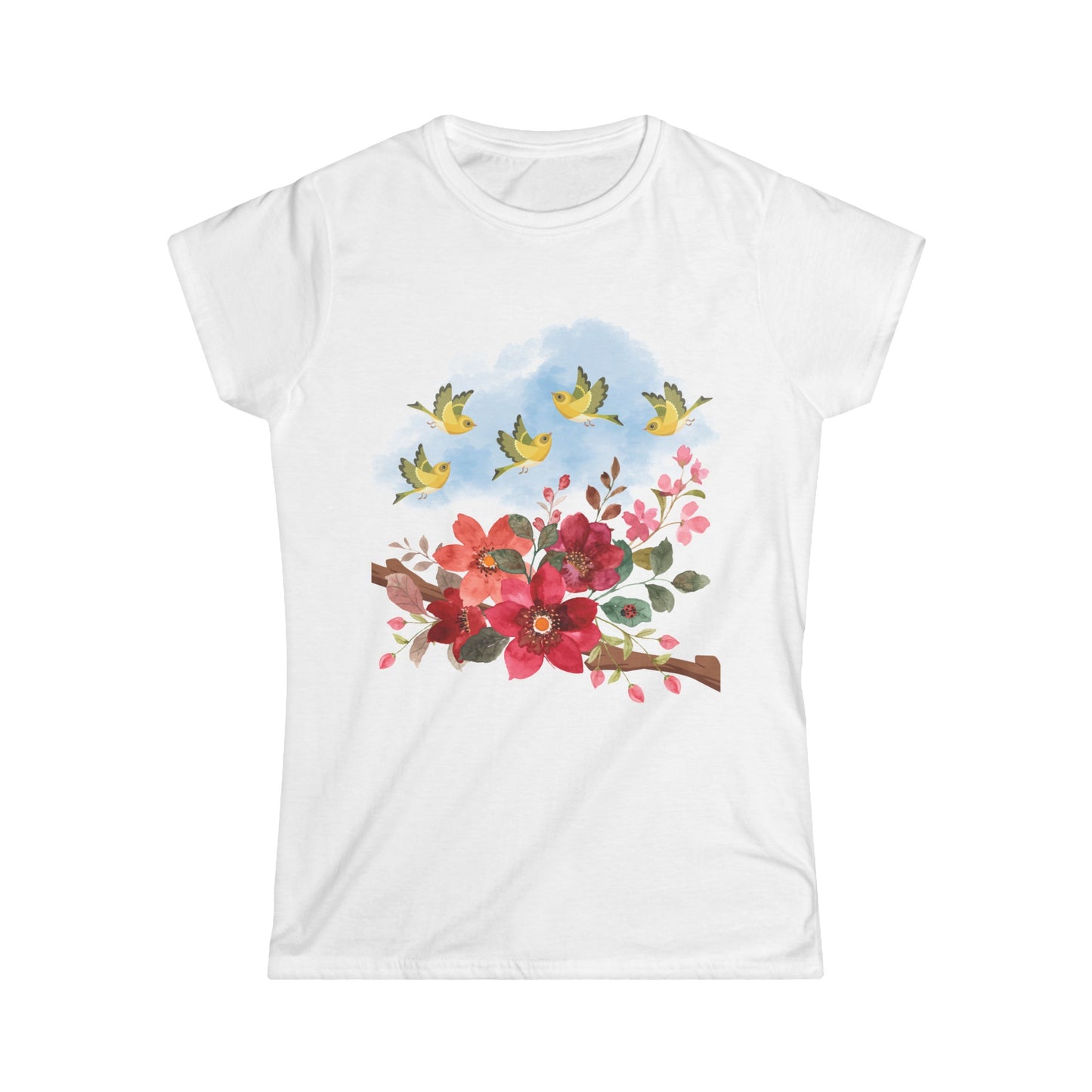 Women's t-shirt with finches and flower custom design