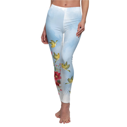 Women's Casual Leggings - Custom Blue Cloud Design with Finches and Flowers