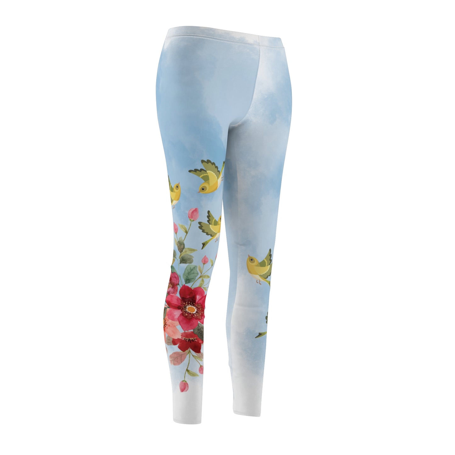 Women's Casual Leggings - Custom Blue Cloud Design with Finches and Flowers