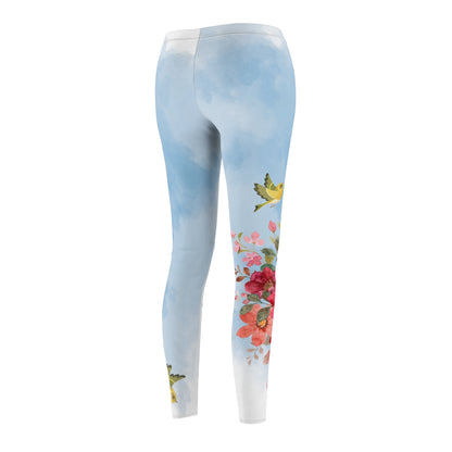 Women's Casual Leggings - Custom Blue Cloud Design with Finches and Flowers