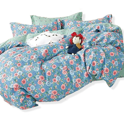 Girl's Comforter Set - Blue with Pink and Blue Roses - Queen/Full and Twin Extra Long
