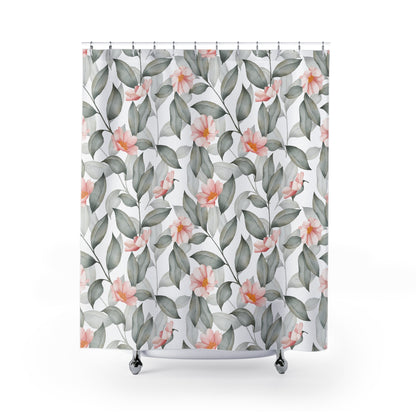Shower Curtain - Custom Floral Design - Coral and Pink Flowers with Gray Leaves