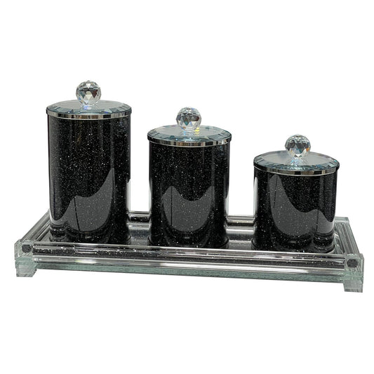 Storage Canister Set with Tray - Black Crushed Diamond Glass
